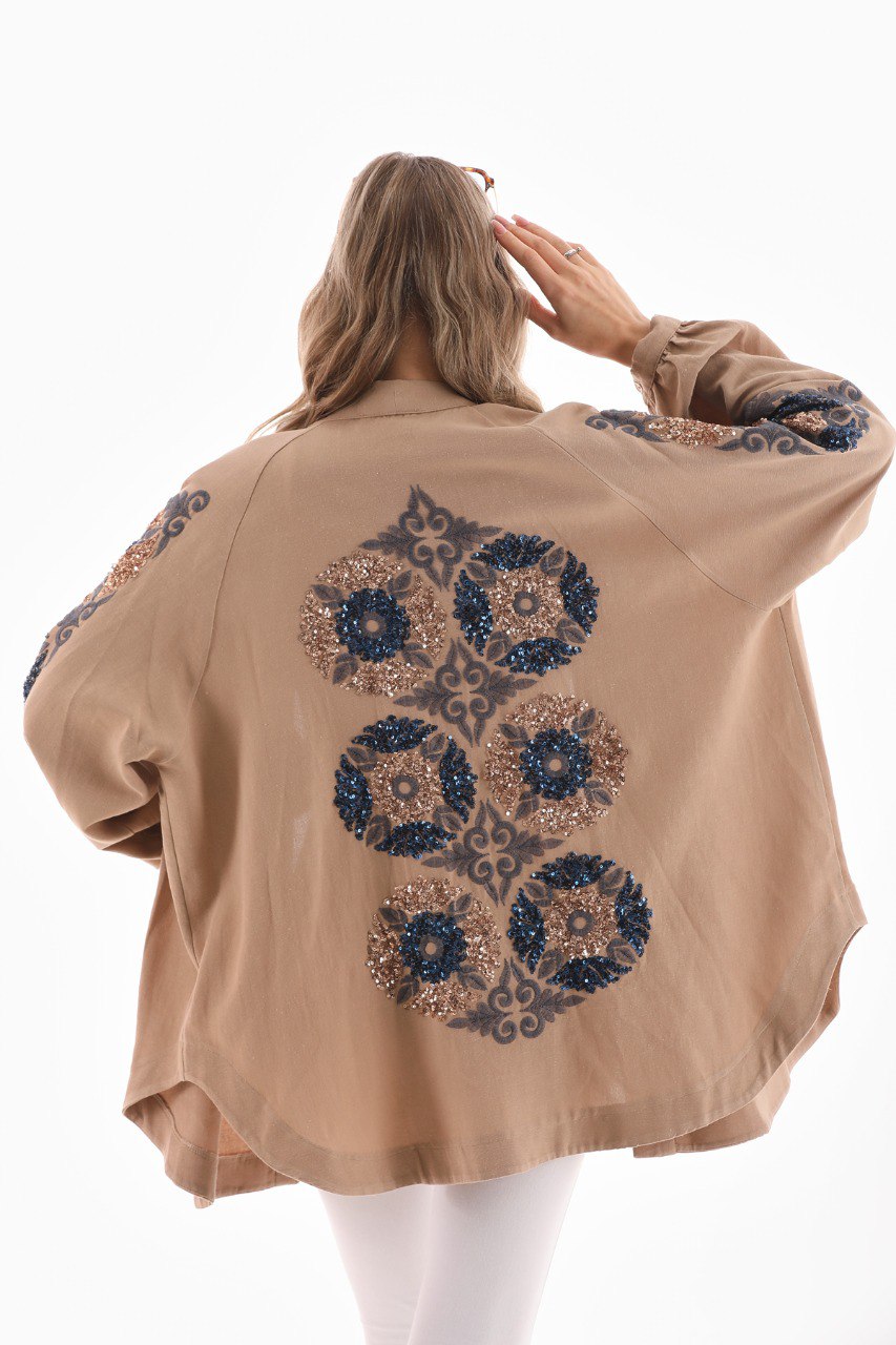 Tan Mosaic Embellished Kimono image 0