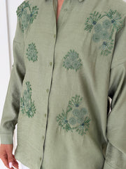 Floral Embellished Shirt Co-Ord – Sage Green