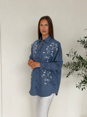Embroidered Pinstripe Shirt Co-Ord – Navy