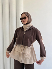 Colour-Block Zip Jacket & Wide-Leg Trouser Co-Ord – Mocha & Stone