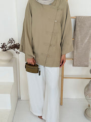 Sage Asymmetric Button Placket Oversized Tunic Top