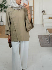 Sage Asymmetric Button Placket Oversized Tunic Top
