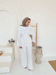 White Tie-Back Cinched Waist Top & Wide-Leg Trouser Co-Ord Set