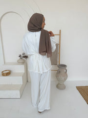 White Tie-Back Cinched Waist Top & Wide-Leg Trouser Co-Ord Set