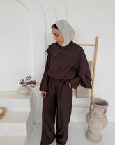 Chocolate Brown Cape-Overlay Button-Front Top & Wide-Leg Trouser Co-Ord Set