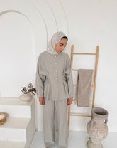 Sage Grey Cinched-Waist Button-Front Blouse & Wide-Leg Trouser Co-Ord Set