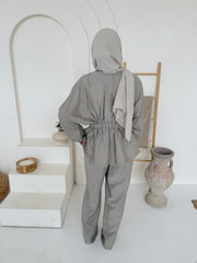 Sage Grey Cinched-Waist Button-Front Blouse & Wide-Leg Trouser Co-Ord Set