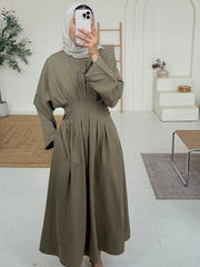 Olive Green Tie-Waist Pleated Maxi Dress