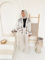 Beige Embroidered Linen Kimono Jacket with Wide-Leg Trouser Co-Ord Set