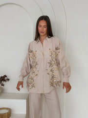 Gold Floral Embellished Shirt & Straight-Leg Trouser Co-Ord – Stone