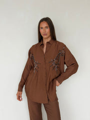 Beaded Embellished Shirt & Straight-Leg Trouser Co-Ord – Chocolate Brown