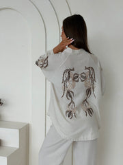 Sequin Embroidered Linen Shirt & Straight-Leg Trouser Co-Ord – Natural