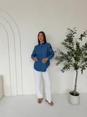 Floral Beaded Denim Shirt & White Straight-Leg Trouser Co-Ord