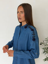 Floral Beaded Denim Shirt & White Straight-Leg Trouser Co-Ord