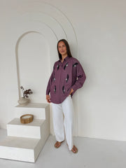Embellished Feather Co-Ord Set – Oversized Plum Shirt & White Straight-Leg Trousers
