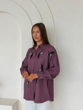 Embellished Feather Co-Ord Set – Oversized Plum Shirt & White Straight-Leg Trousers