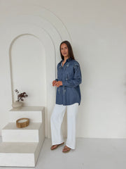 Embellished Feather Co-Ord Set – Oversized Denim Shirt & White Straight-Leg Trousers