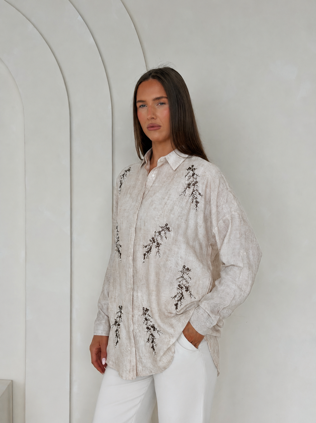 Beaded Blossom Embellished Co-Ord – Stone