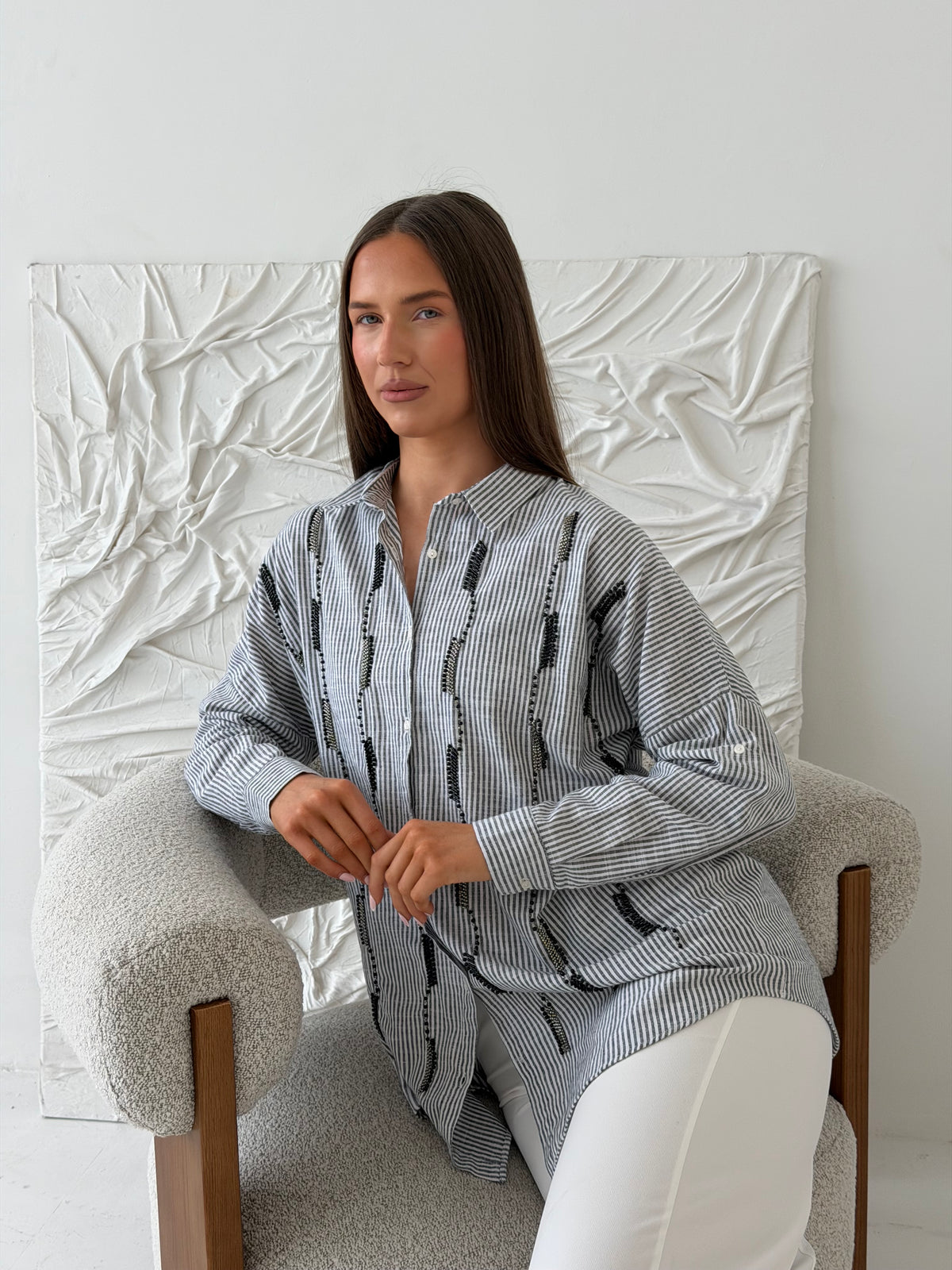 Striped Relaxed Shirt Co-Ord – Grey