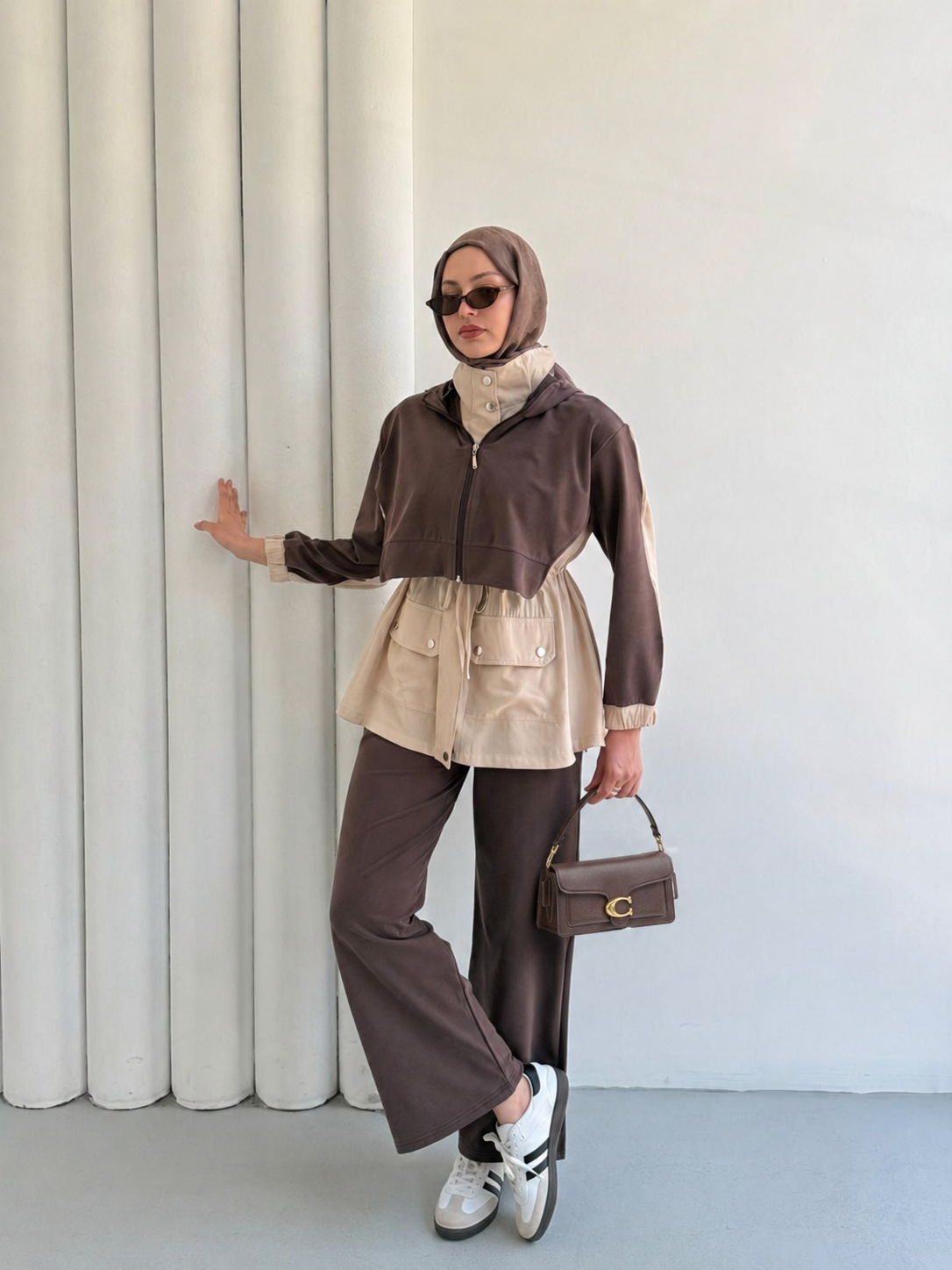 Colour-Block Zip Jacket & Wide-Leg Trouser Co-Ord – Mocha & Stone