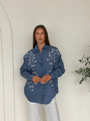 Embroidered Pinstripe Shirt Co-Ord – Navy