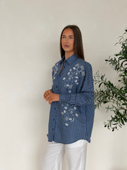 Embroidered Pinstripe Shirt Co-Ord – Navy