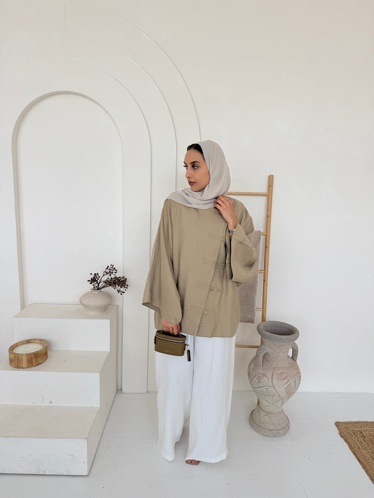 Sage Asymmetric Button Placket Oversized Tunic Top