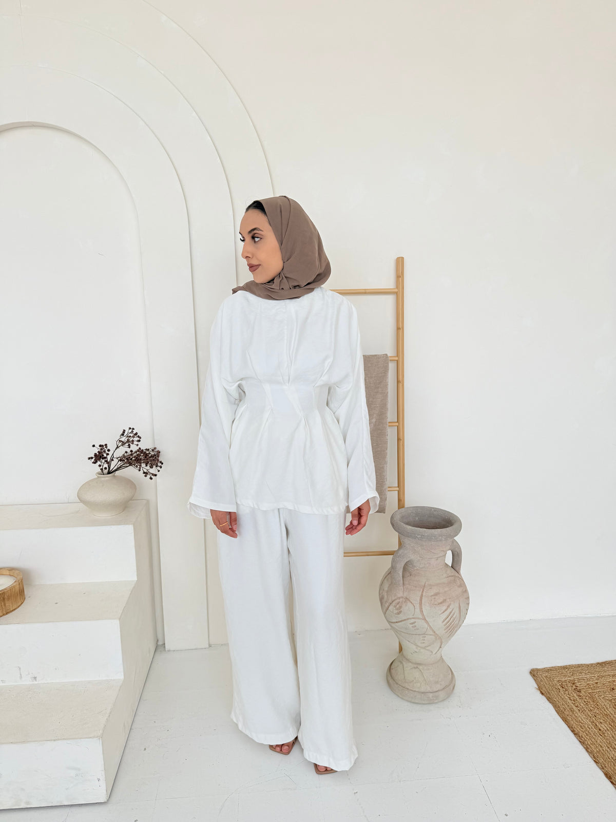 White Tie-Back Cinched Waist Top & Wide-Leg Trouser Co-Ord Set