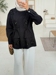 Sequin Floral Embellished Cinched Waist Jacket