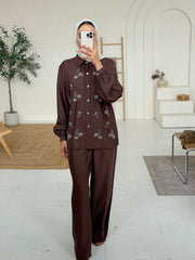 Sequin Floral Embellished Button-Front Shirt & Wide-Leg Trouser Co-Ord Set
