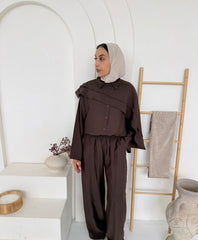Chocolate Brown Cape-Overlay Button-Front Top & Wide-Leg Trouser Co-Ord Set