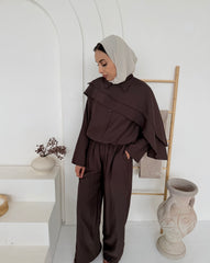 Chocolate Brown Cape-Overlay Button-Front Top & Wide-Leg Trouser Co-Ord Set