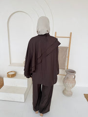 Chocolate Brown Cape-Overlay Button-Front Top & Wide-Leg Trouser Co-Ord Set