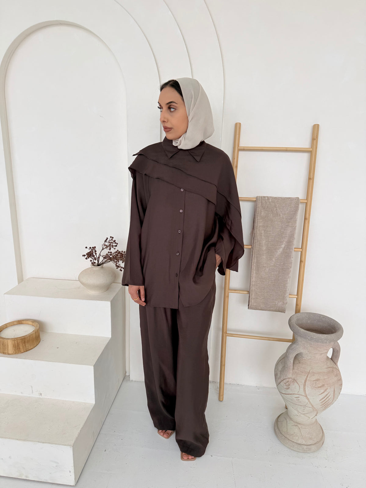 Chocolate Brown Cape-Overlay Button-Front Top & Wide-Leg Trouser Co-Ord Set