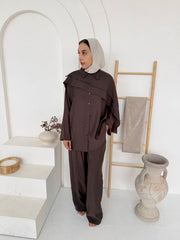 Chocolate Brown Cape-Overlay Button-Front Top & Wide-Leg Trouser Co-Ord Set
