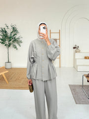 Sage Grey Cinched-Waist Button-Front Blouse &  Wide-Leg Trouser Co-Ord Set