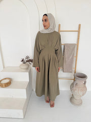 Olive Green Tie-Waist Pleated Maxi Dress