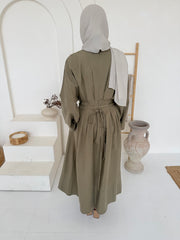Olive Green Tie-Waist Pleated Maxi Dress