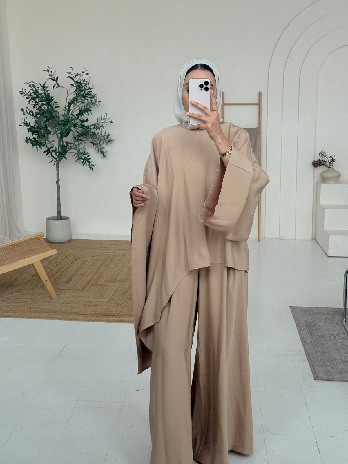 Camel Asymmetric Hem Oversized Top &amp; Wide-Leg Trouser Co-Ord Set