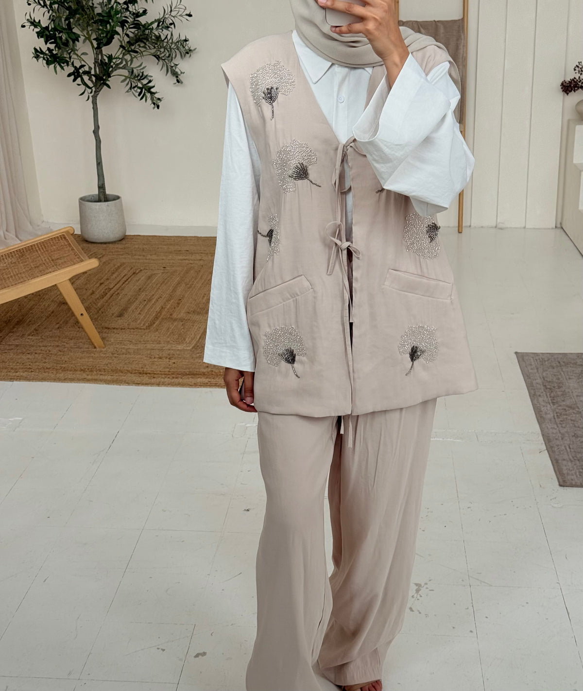 Beaded Floral Embellished Sleeveless Waistcoat with Wide-Leg Trouser Co-Ord Set