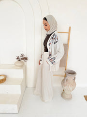 Beige Embroidered Linen Kimono Jacket with Wide-Leg Trouser Co-Ord Set
