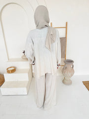 Beige Embroidered Linen Kimono Jacket with Wide-Leg Trouser Co-Ord Set