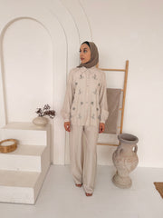 Sequin Floral Embellished Button-Front Shirt & Wide-Leg Trouser Co-Ord Set