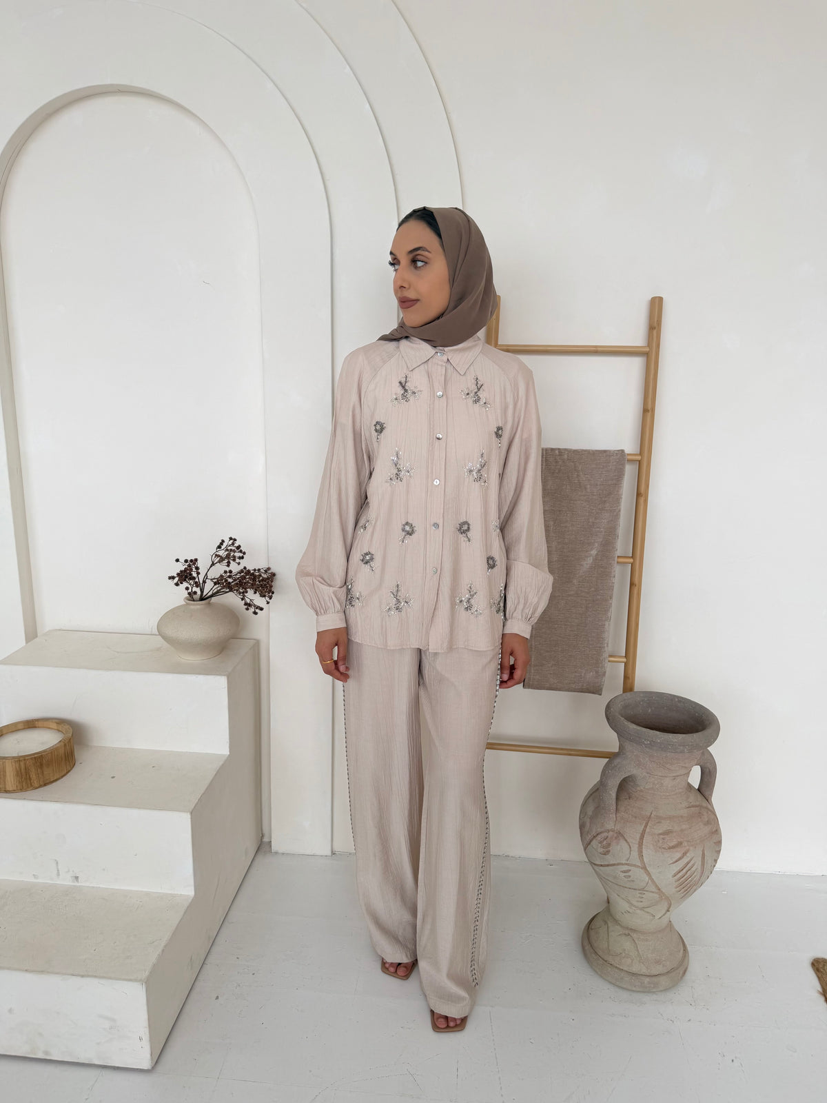 Sequin Floral Embellished Button-Front Shirt & Wide-Leg Trouser Co-Ord Set