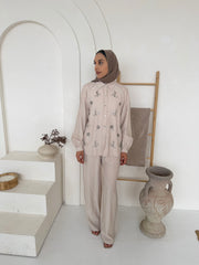 Sequin Floral Embellished Button-Front Shirt & Wide-Leg Trouser Co-Ord Set