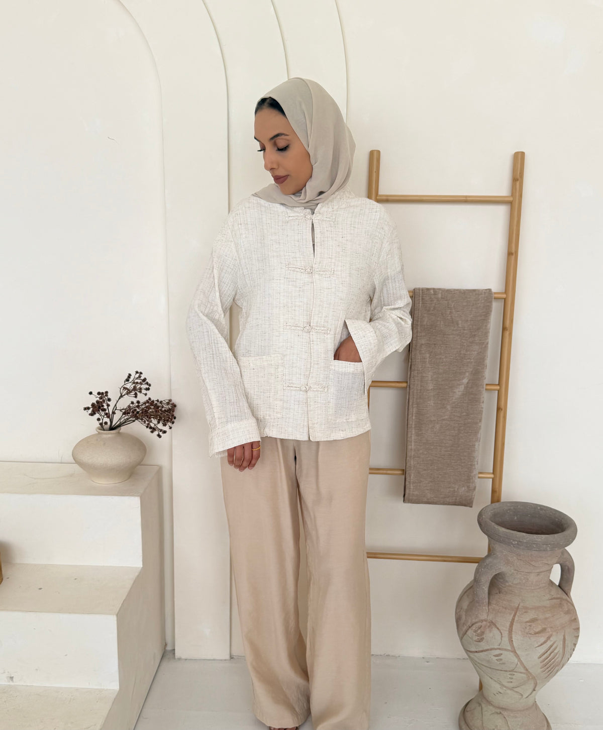 Ivory Textured Frog-Button Jacket & Wide-Leg Trouser Co-Ord Set
