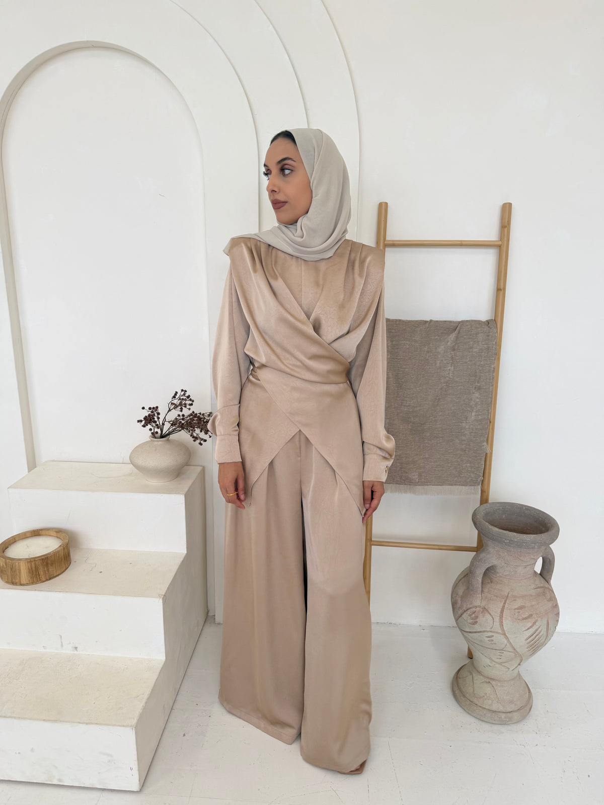Champagne Satin Wrap-Front Top & Wide-Leg Trouser Co-Ord Set