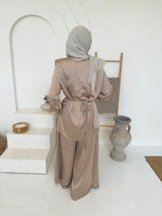 Champagne Satin Wrap-Front Top & Wide-Leg Trouser Co-Ord Set