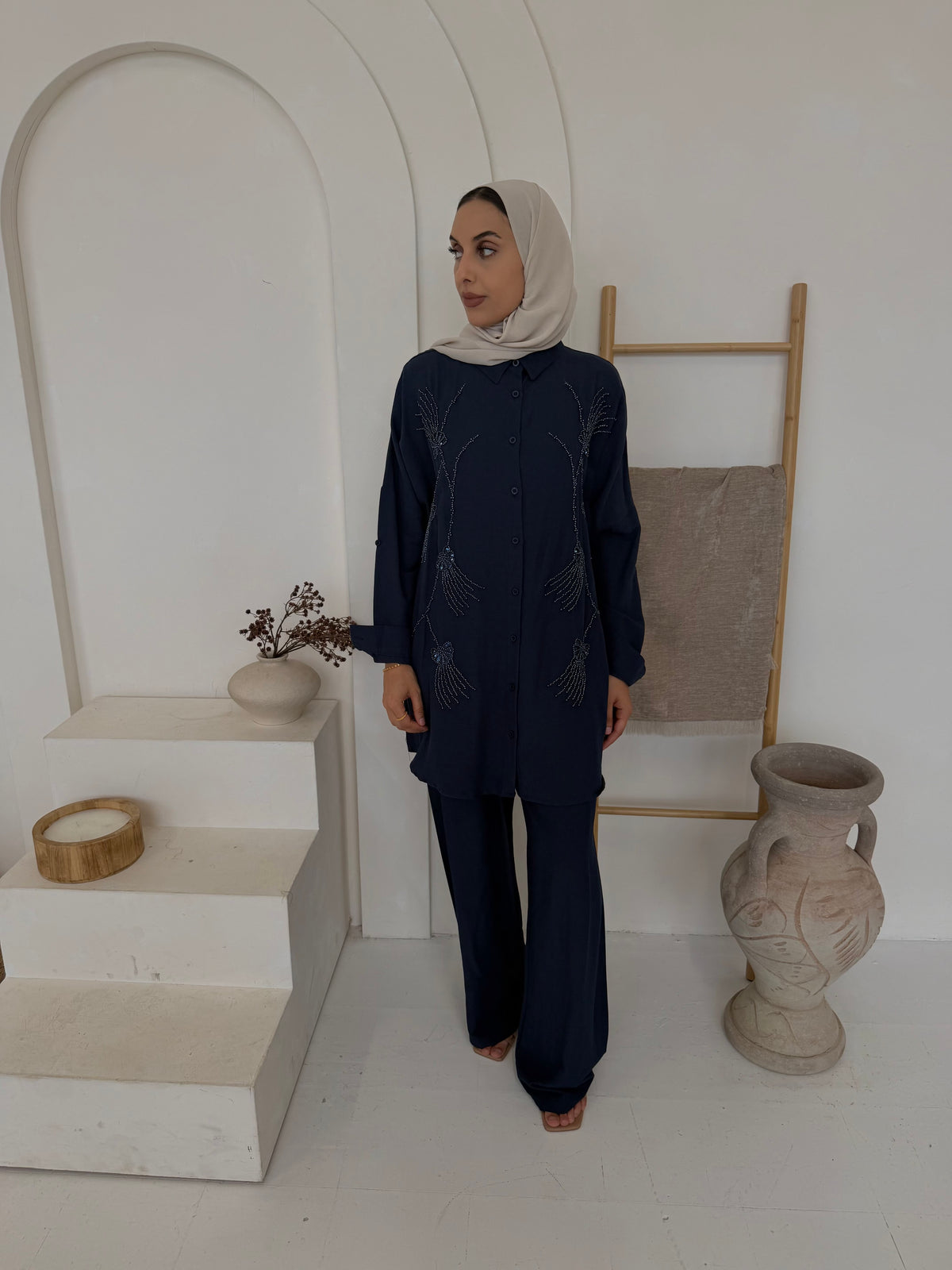 Navy Beaded Embellished Longline Shirt & Wide-Leg Trouser Co-Ord Set