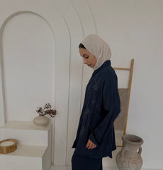 Navy Beaded Embellished Longline Shirt & Wide-Leg Trouser Co-Ord Set